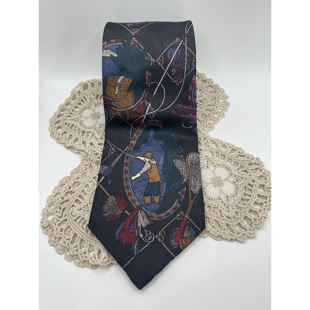 Fly fishing Men's tie, Navy blue background, Classic‎ retro look